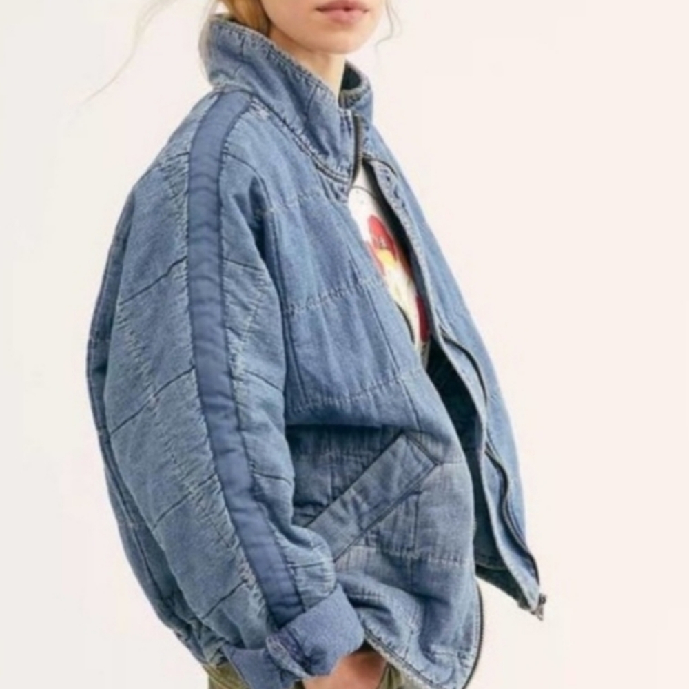 Free People Quilted Dolman Sleeve Patchwork Denim Jacket wFront Pockets